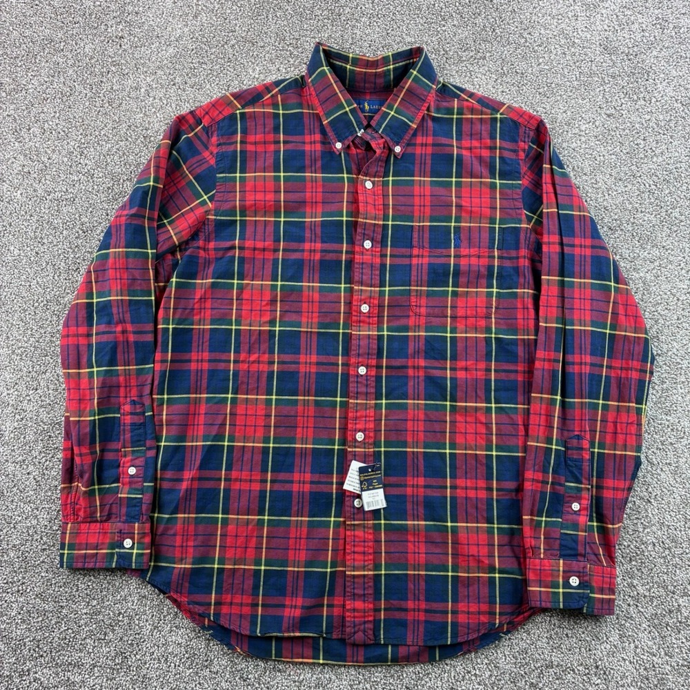 NEW Ralph Lauren Shirt Mens Large Red Cotton Plaid Long Sleeve Button Down Polo